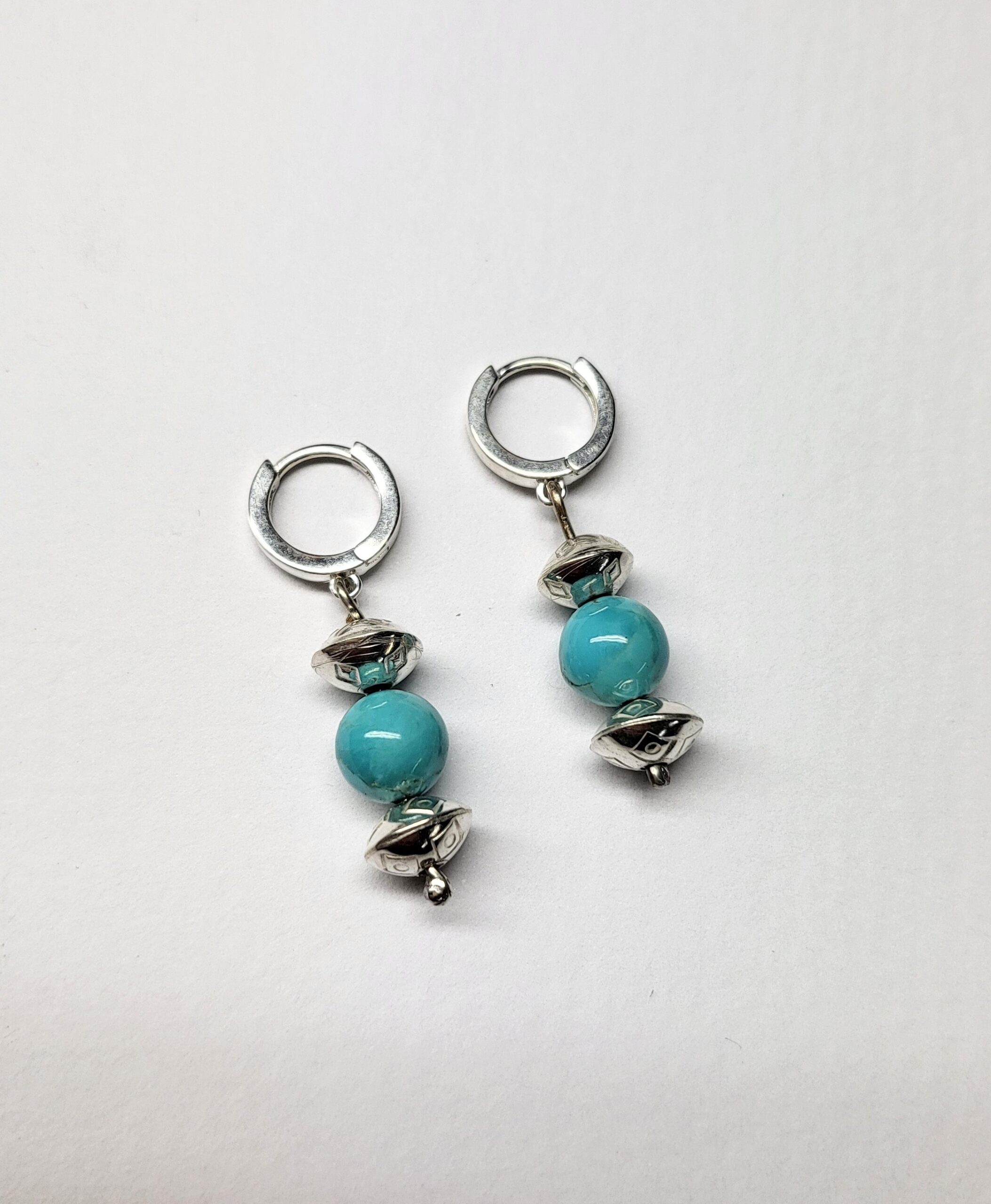 Silver & Kingman Huggie Hoops (Diamond Stamp)